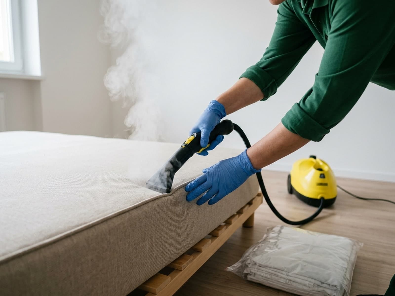 Nettoyage vapeur des coutures d'un matelas, sans aucun produit — ACLEANEO